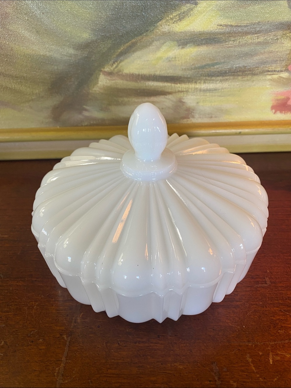 Vintage Anchor Hocking "Old Cafe" Covered Milk Glass Candy Dish